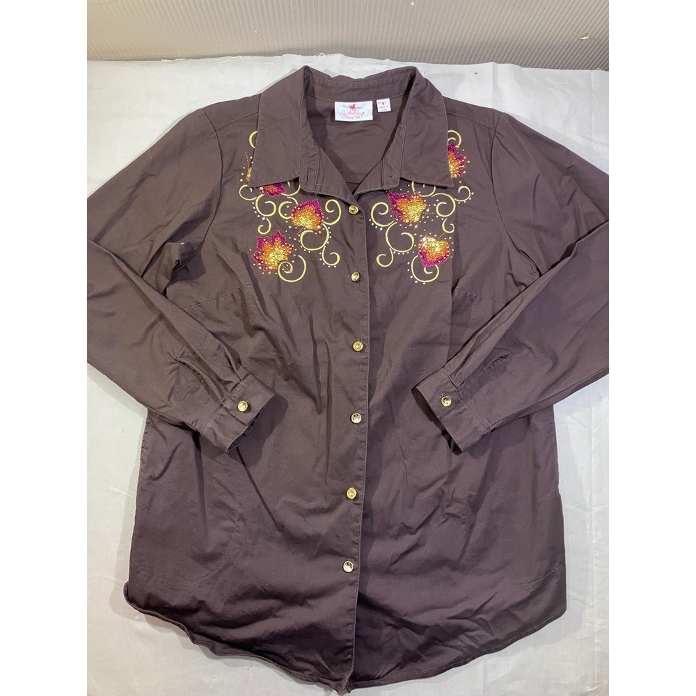 Quacker Factory Brown Embroidered Sequin Fall Leaf Button Front Shirt Womens M‎